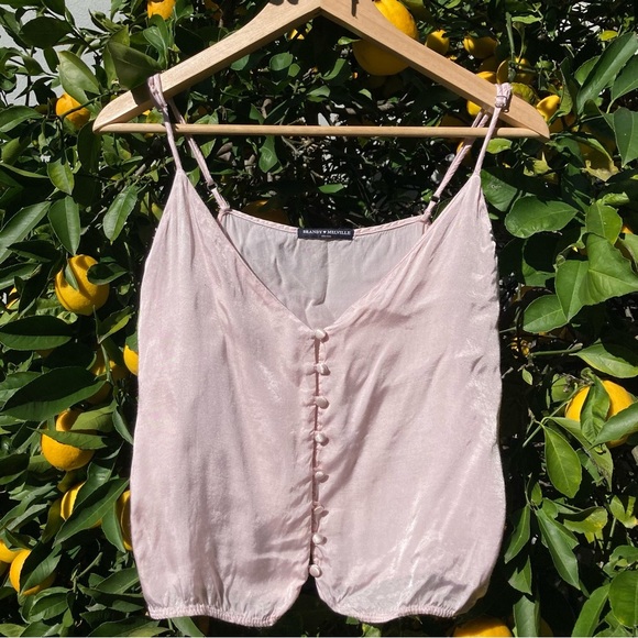 Brandy Melville Silky Baby Pink Button Up Griffin Spaghetti Strap Crop Cami OS - Picture 1 of 4